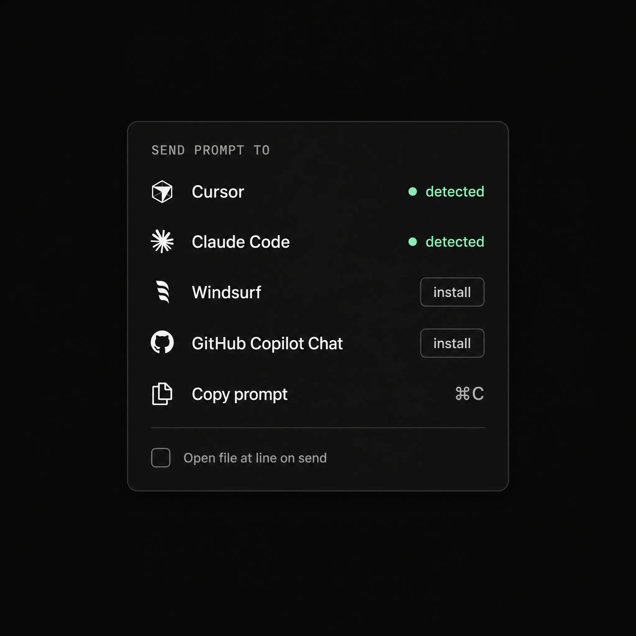 AI picker showing Cursor, Claude Code, Windsurf, Copilot