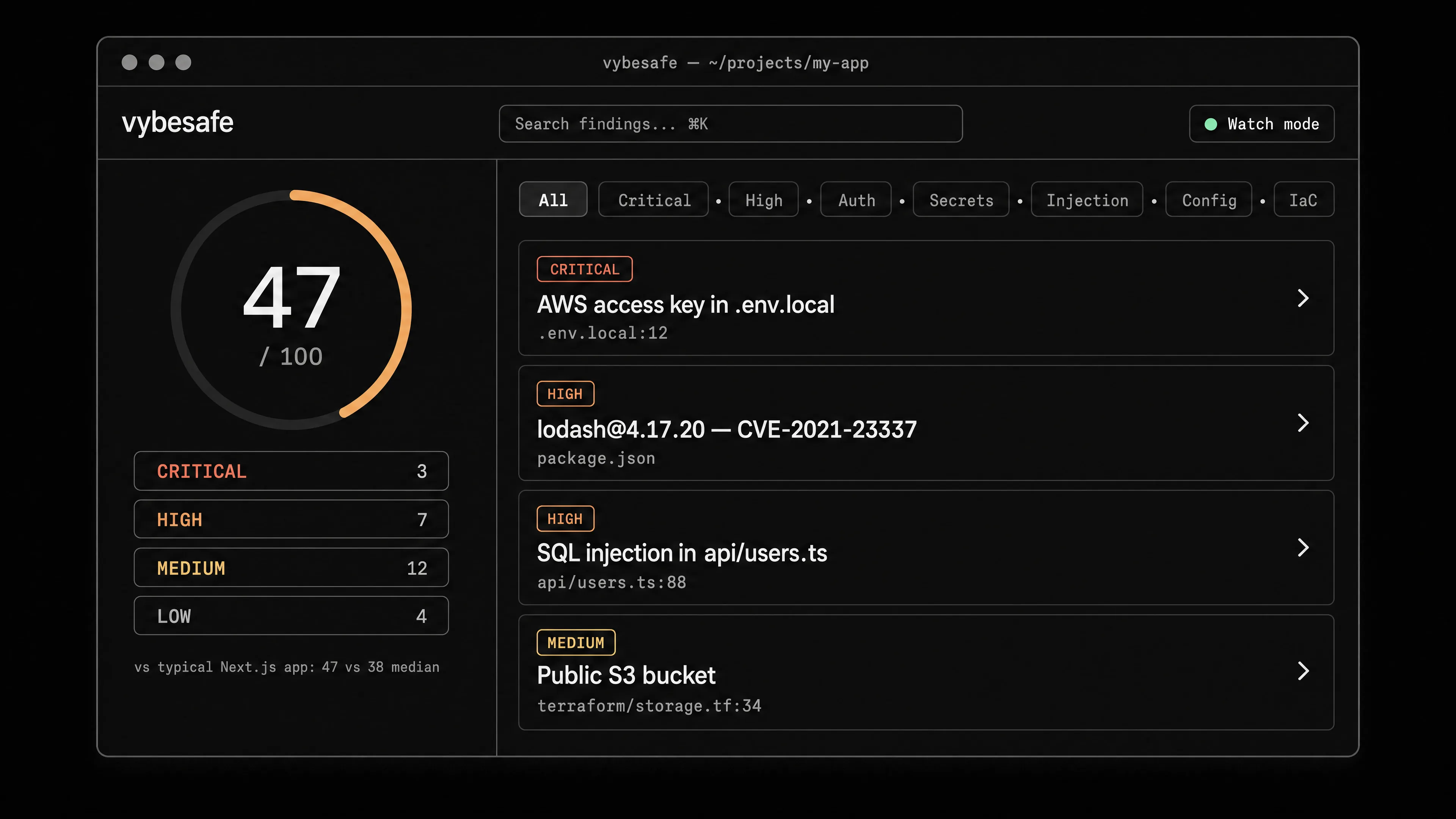 VybeSafe dashboard with score and finding list